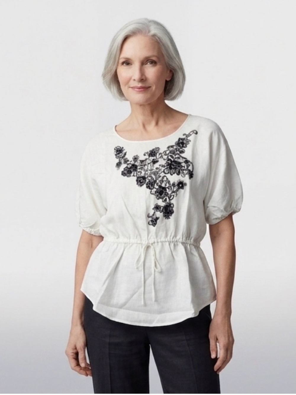 Grace Elements White Peplum Blouse with Black Floral Embroidery Linen Boho